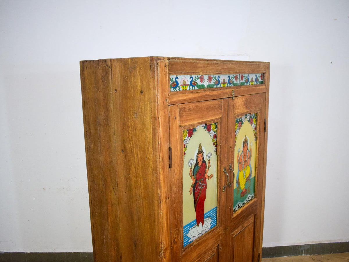 Vintage Indian Wooden Cupboard Cabinet with Reverse Glass Paintings