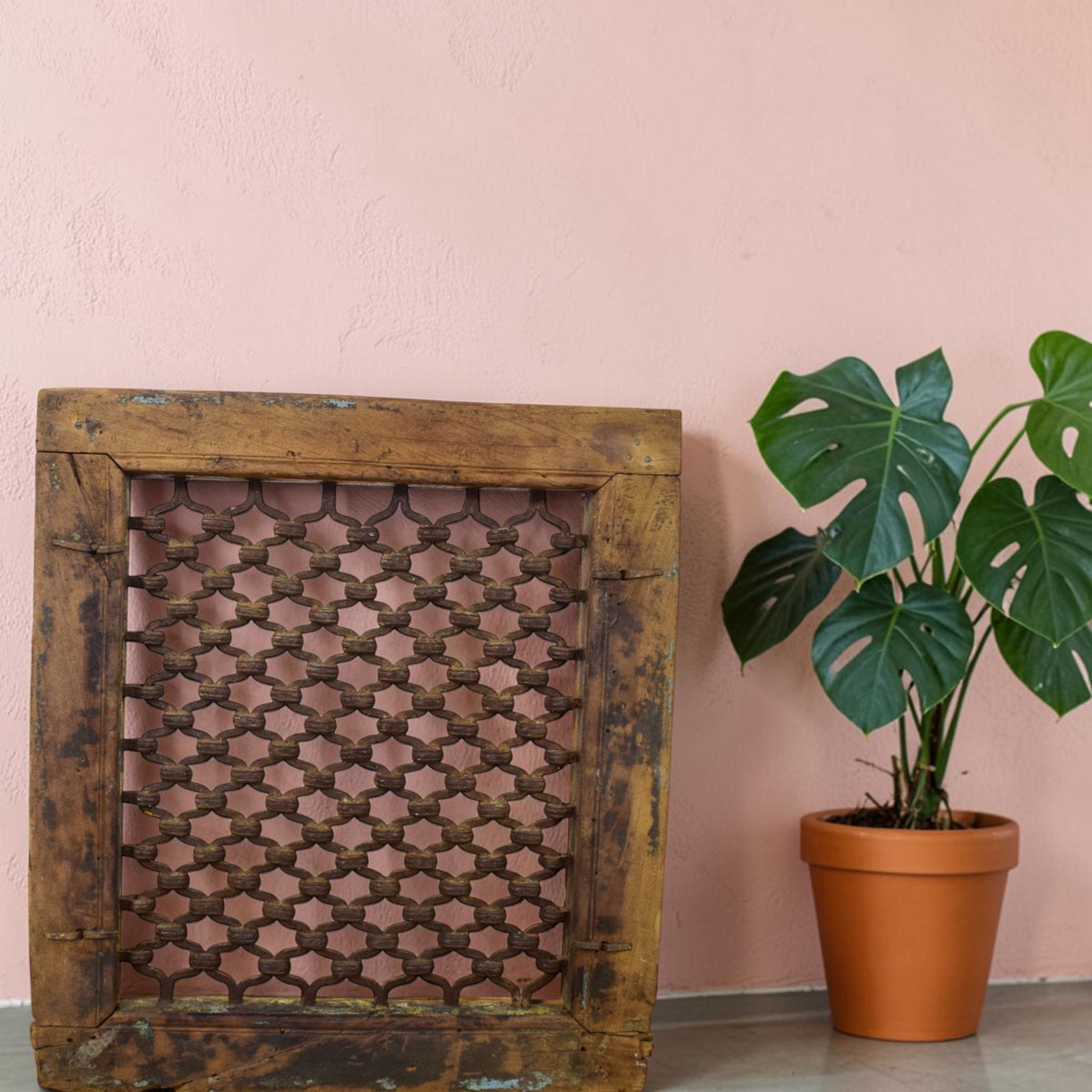 Vintage Wooden Iron Metal Indian Jali Window Frame