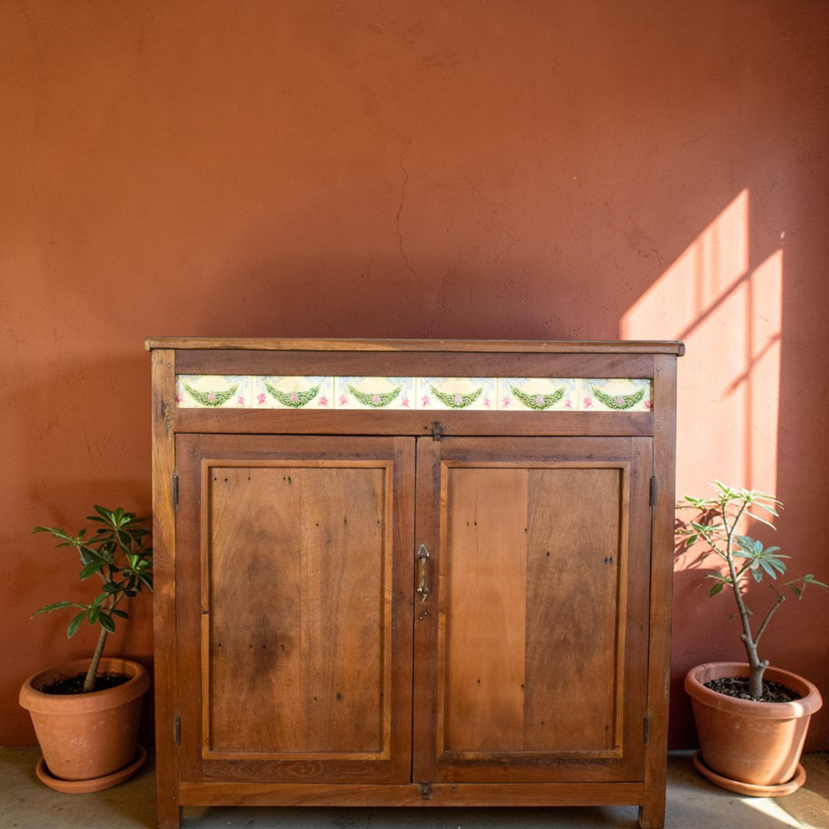 Vintage Rustic Cupboard Cabinet With Antique Tile Decoration