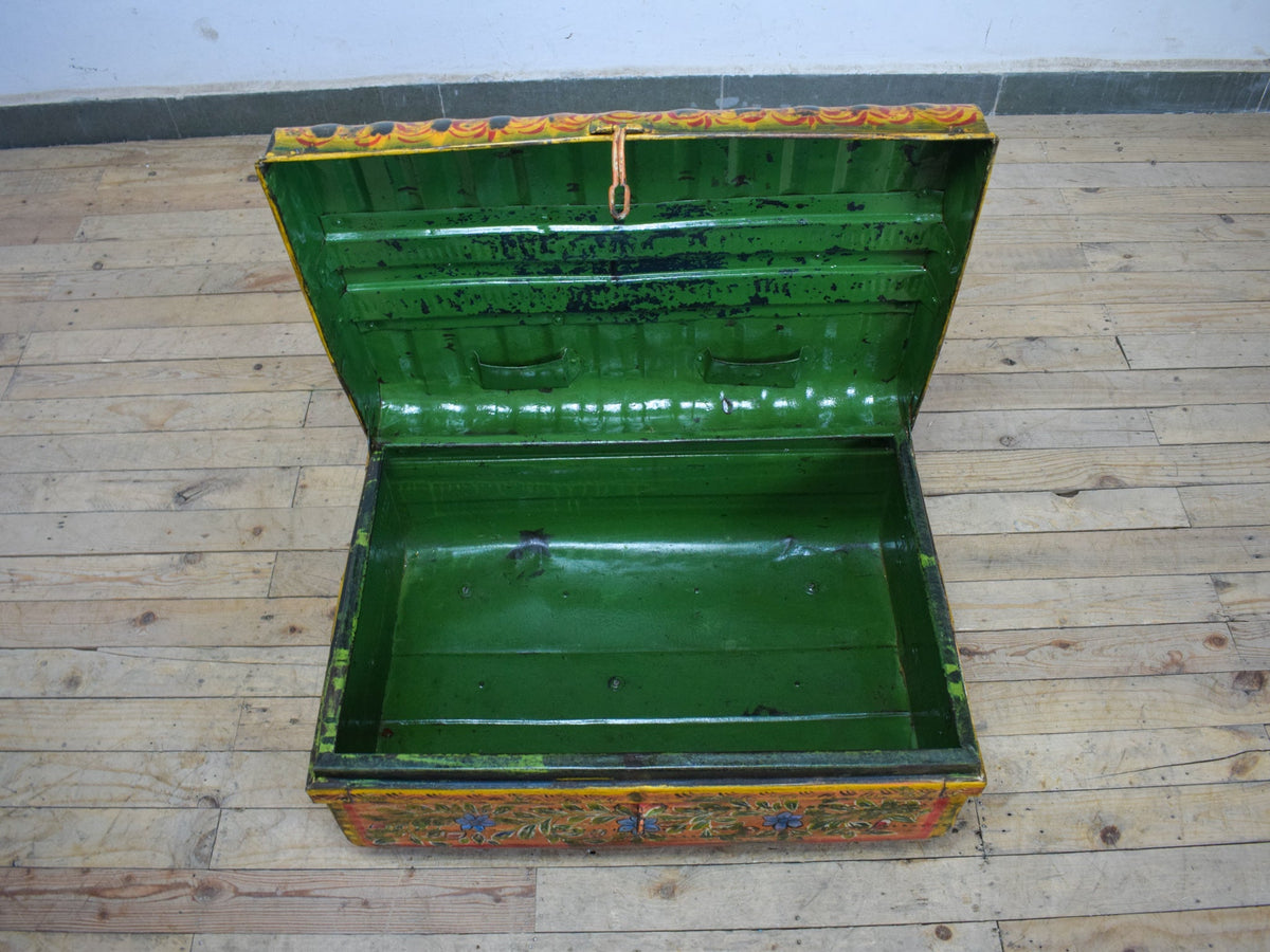 Vintage Indian Hand Painted Metal Travel Trunk Chest