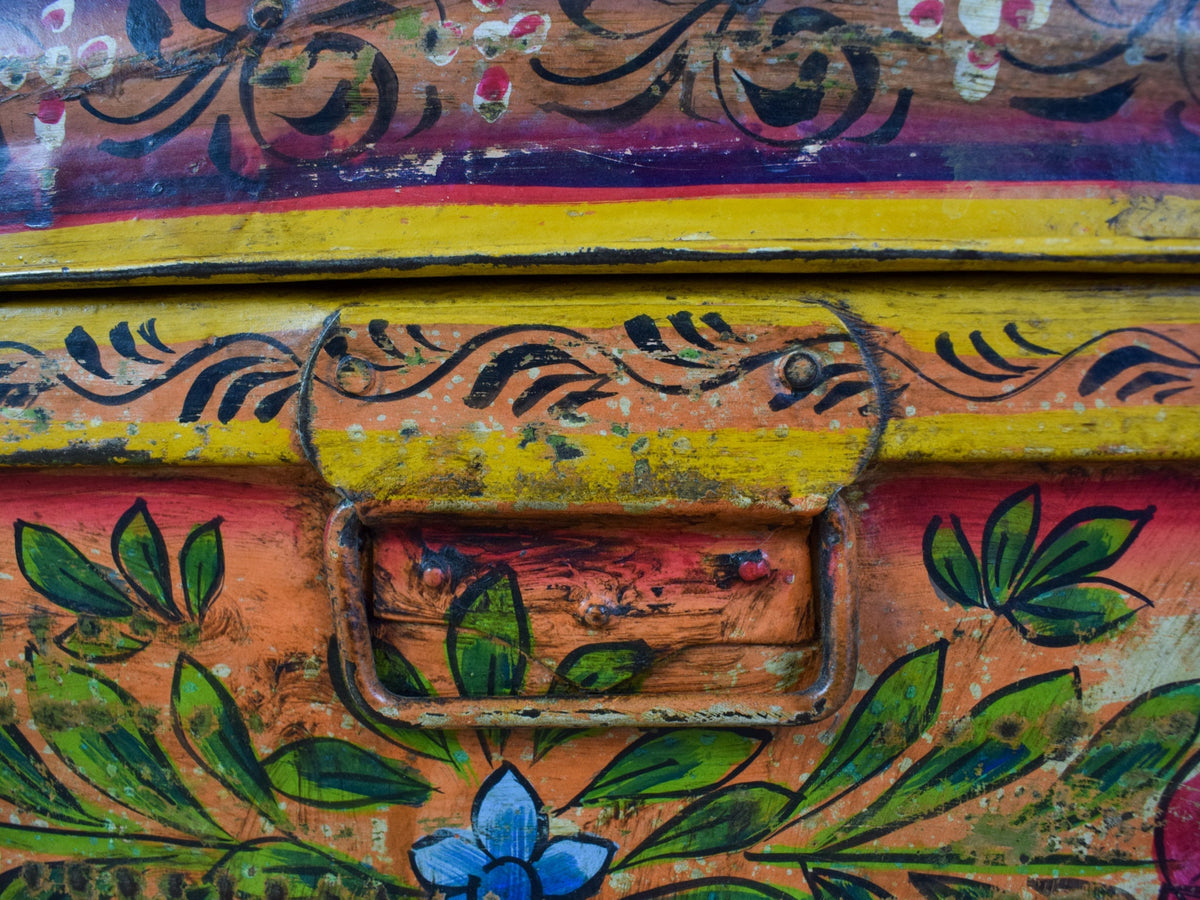 Vintage Indian Hand Painted Metal Travel Trunk Chest