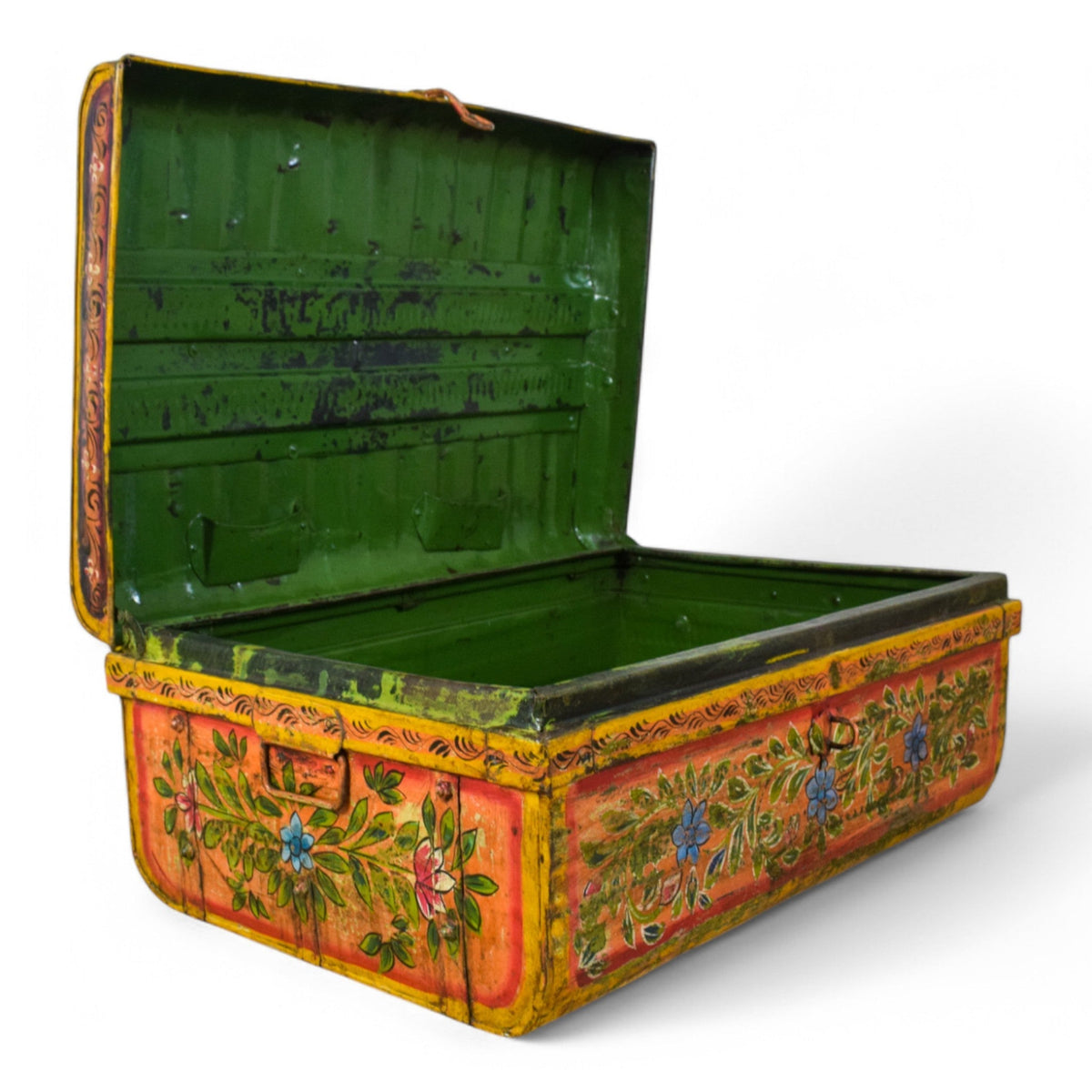 Vintage Indian Hand Painted Metal Travel Trunk Chest