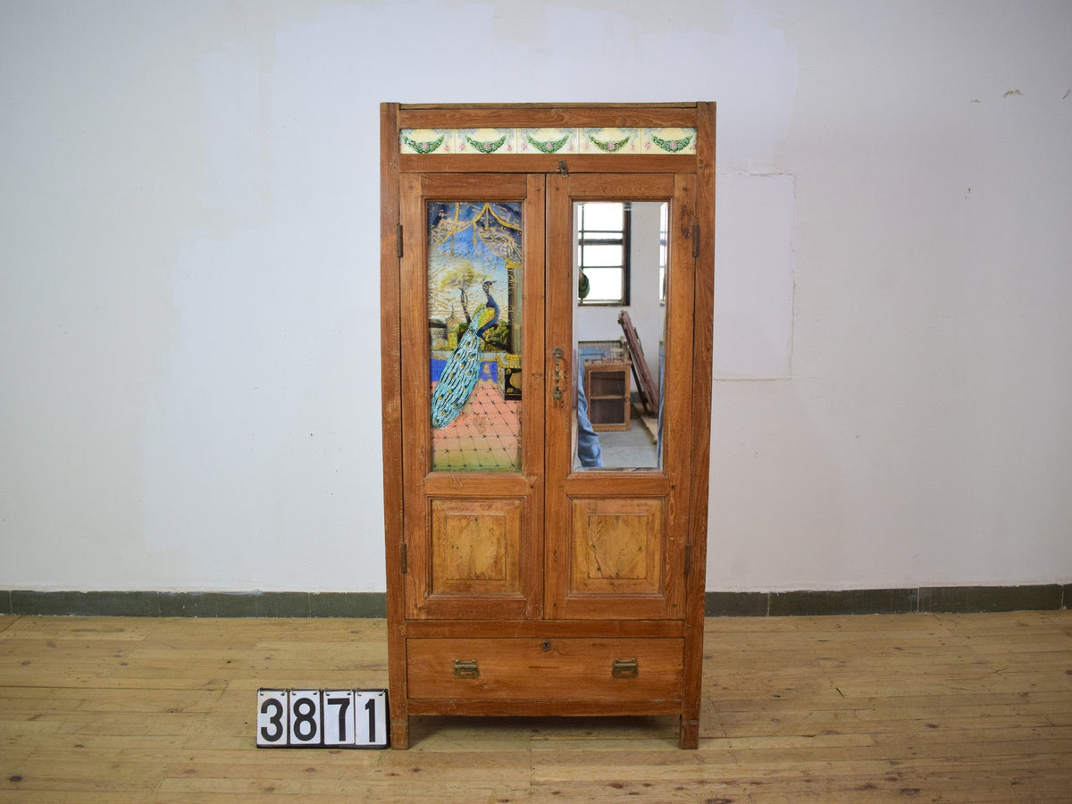Vintage Indian Wooden Cupboard Cabinet with Reverse Glass Paintings and Vintage Tiles