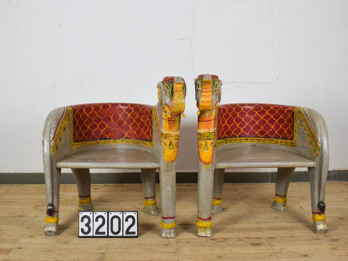 Pair of Indian Wooden Carved Hand Painted Vintage Style Elephant Chairs