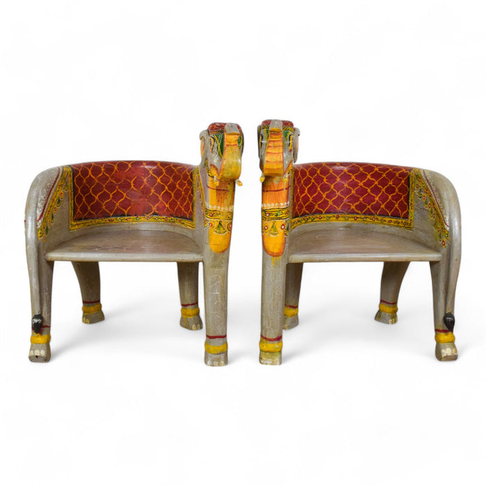 Pair of Indian Wooden Carved Hand Painted Vintage Style Elephant Chairs