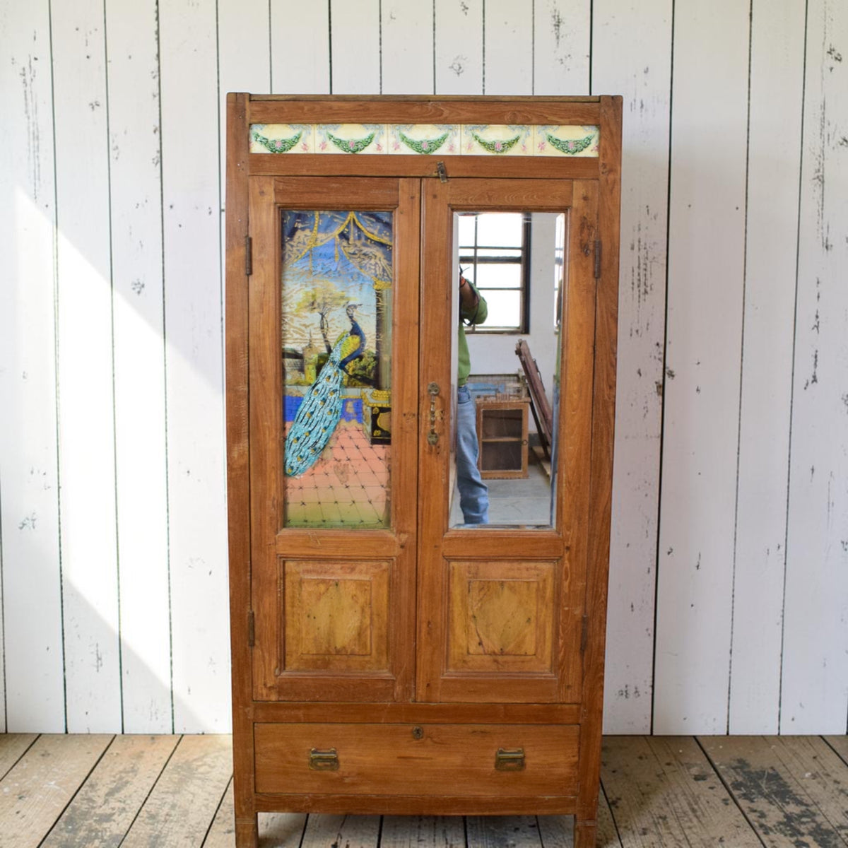 Vintage Indian Wooden Cupboard Cabinet with Reverse Glass Paintings and Vintage Tiles