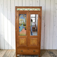 Vintage Indian Wooden Cupboard Cabinet with Reverse Glass Paintings and Vintage Tiles