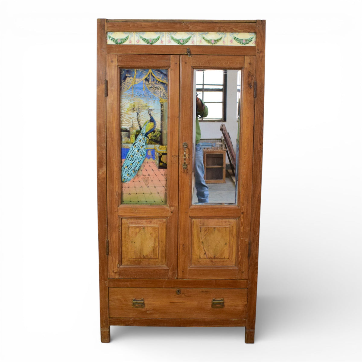 Vintage Indian Wooden Cupboard Cabinet with Reverse Glass Paintings and Vintage Tiles