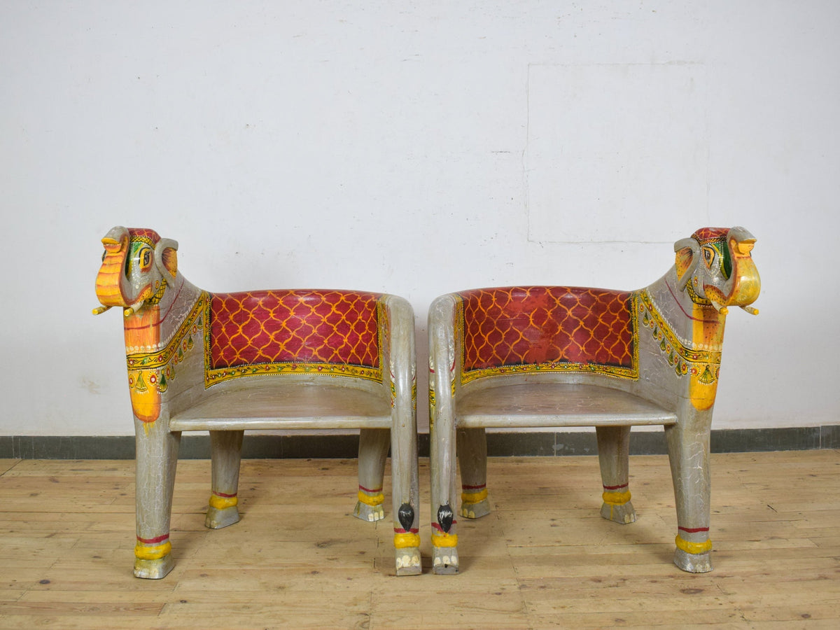 Pair of Indian Wooden Carved Hand Painted Vintage Style Elephant Chairs