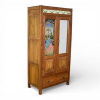 Vintage Indian Wooden Cupboard Cabinet with Reverse Glass Paintings and Vintage Tiles