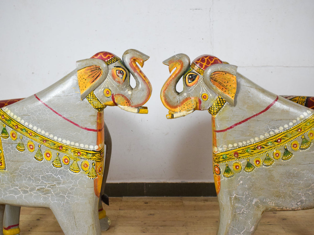 Pair of Indian Wooden Carved Hand Painted Vintage Style Elephant Chairs