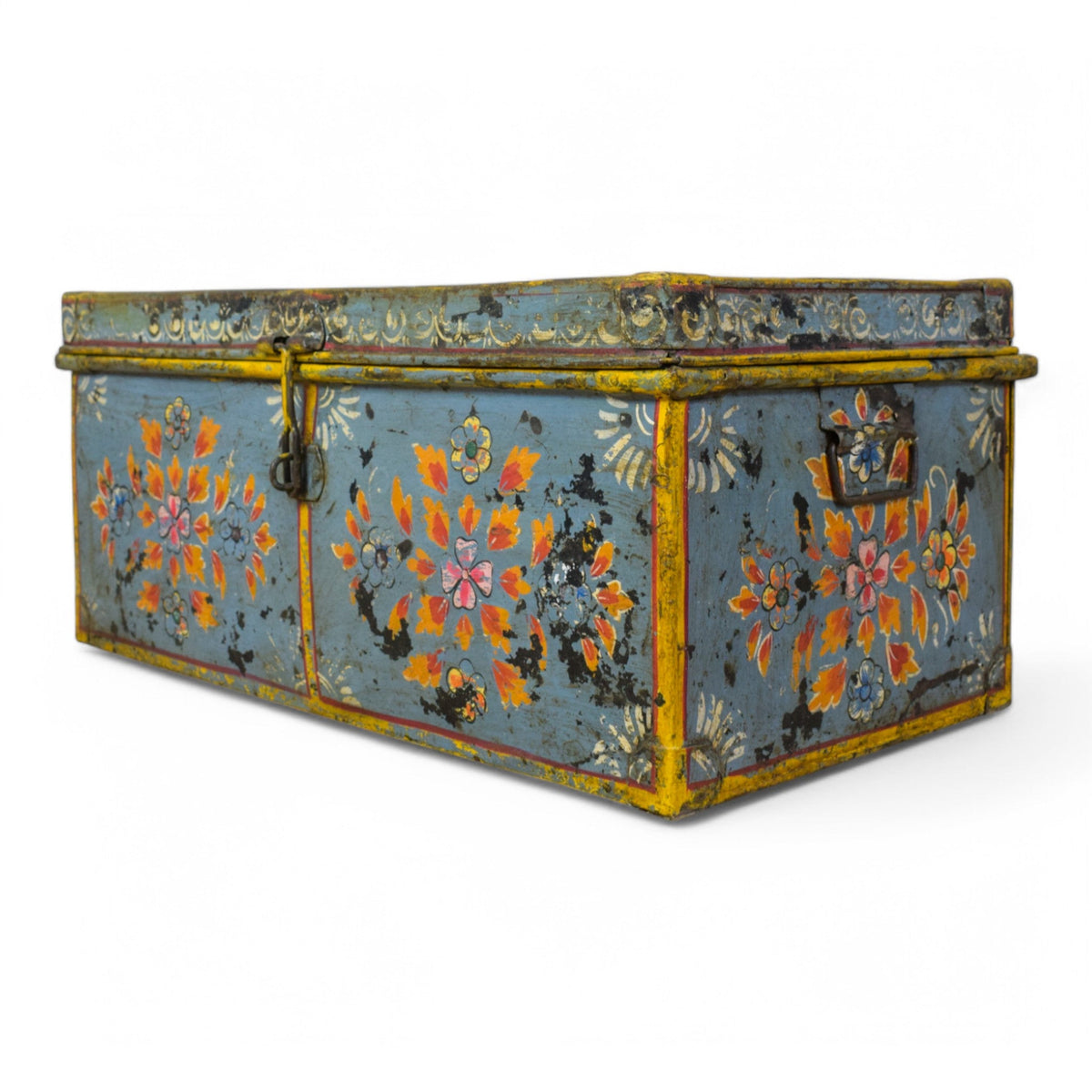 Vintage Indian Hand Painted Metal Travel Trunk Chest
