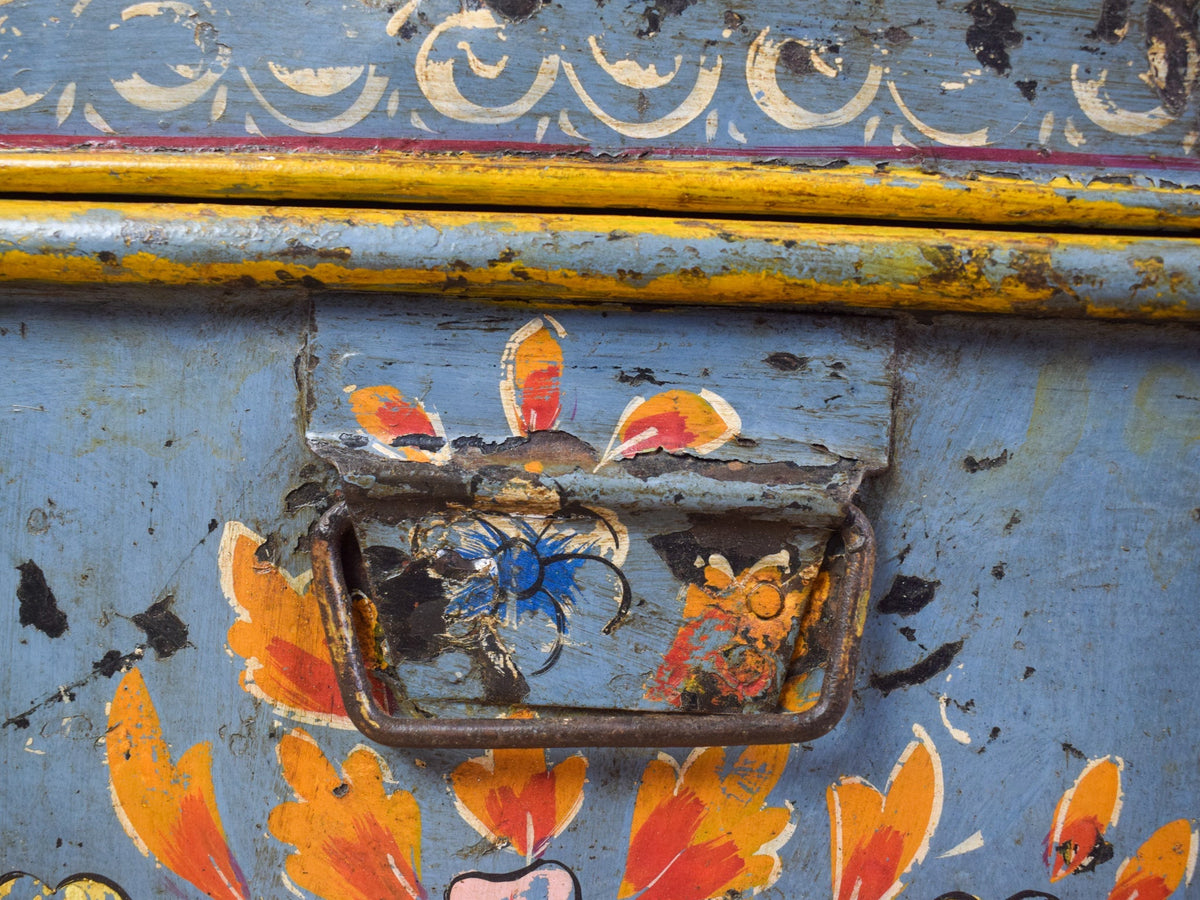 Vintage Indian Hand Painted Metal Travel Trunk Chest