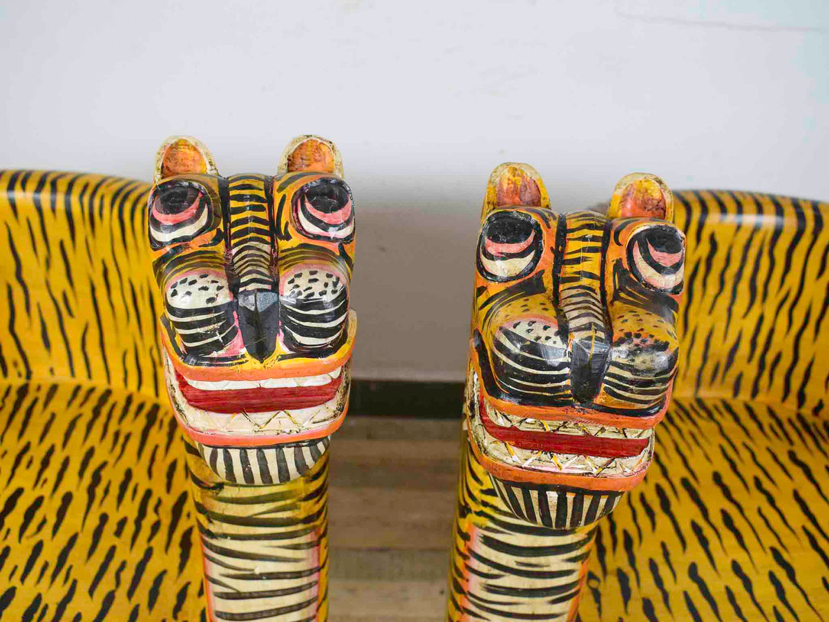 Pair of Indian Wooden Carved Hand Painted Vintage Style Tiger Chairs