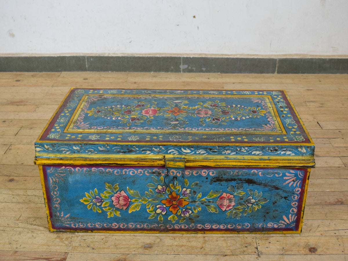 Vintage Indian Hand Painted Metal Travel Trunk Chest
