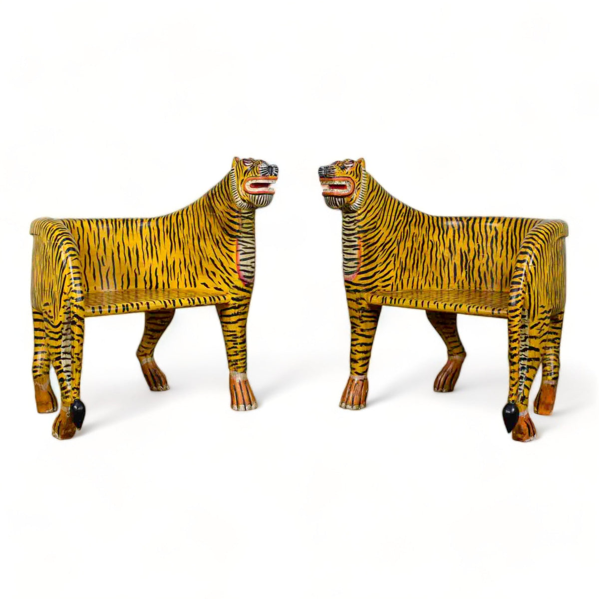 Pair of Indian Wooden Carved Hand Painted Vintage Style Tiger Chairs