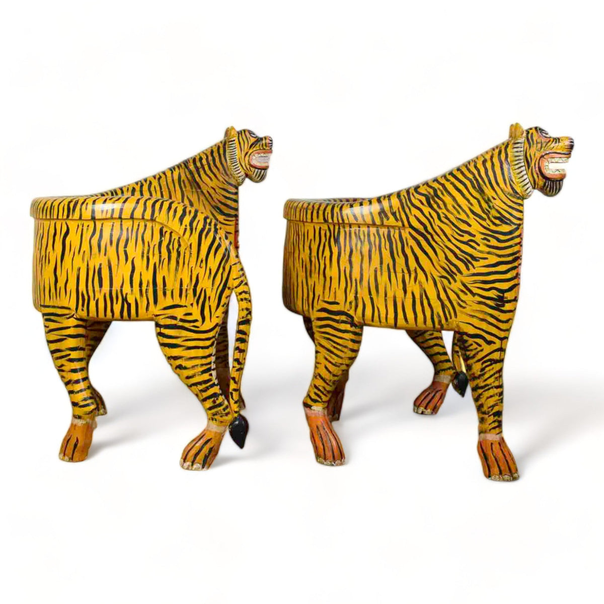 Pair of Indian Wooden Carved Hand Painted Vintage Style Tiger Chairs