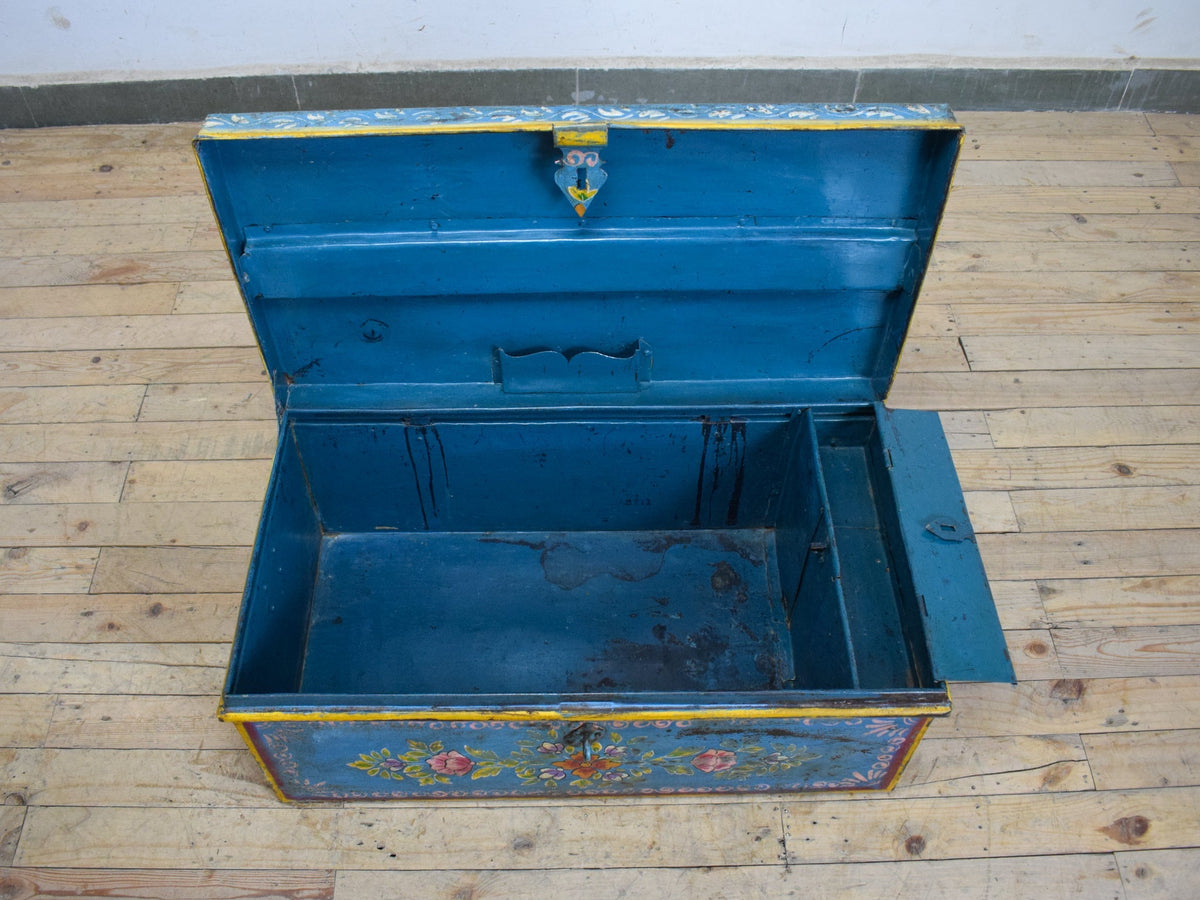 Vintage Indian Hand Painted Metal Travel Trunk Chest