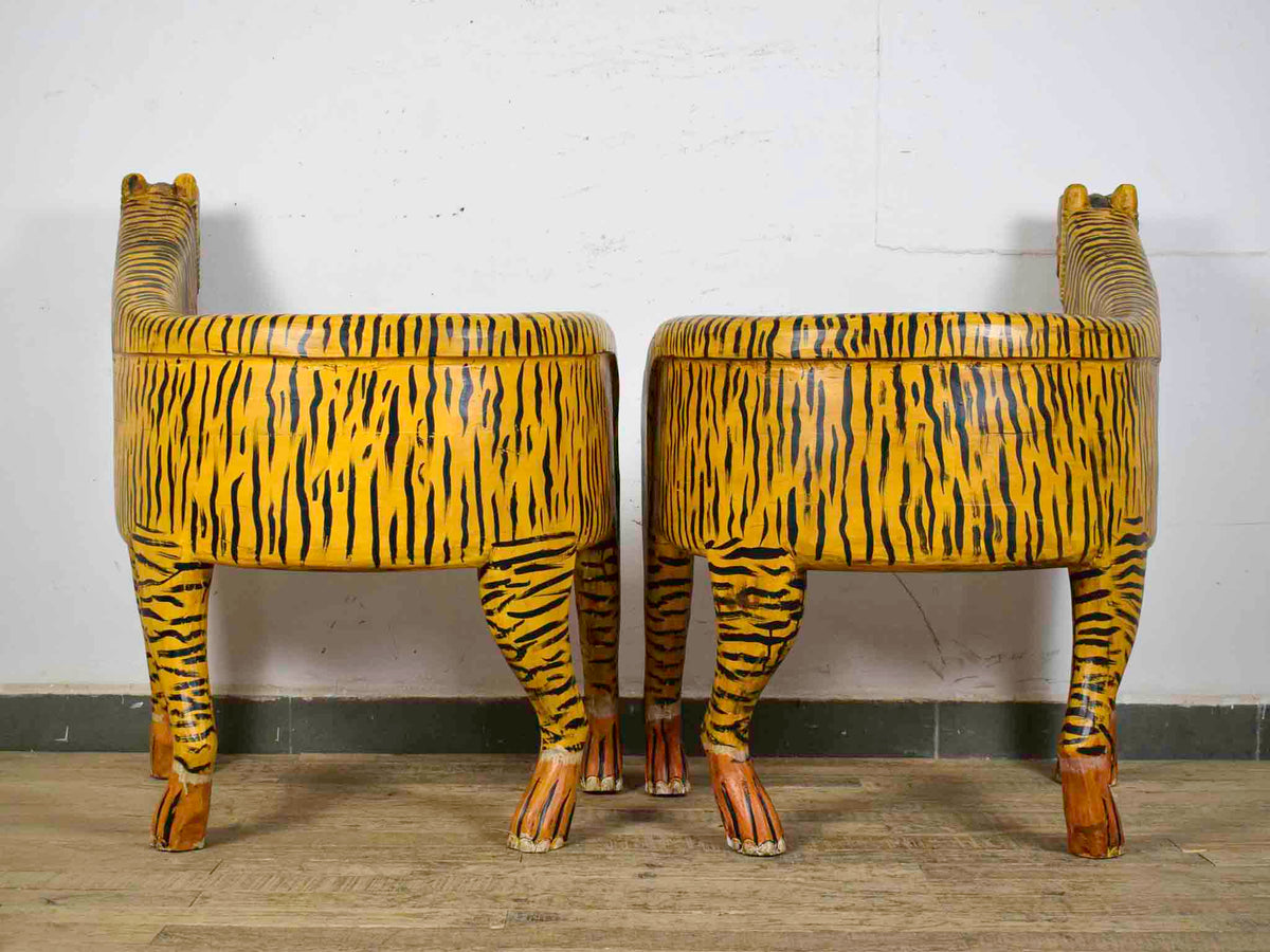 Pair of Indian Wooden Carved Hand Painted Vintage Style Tiger Chairs