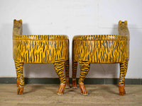 Pair of Indian Wooden Carved Hand Painted Vintage Style Tiger Chairs