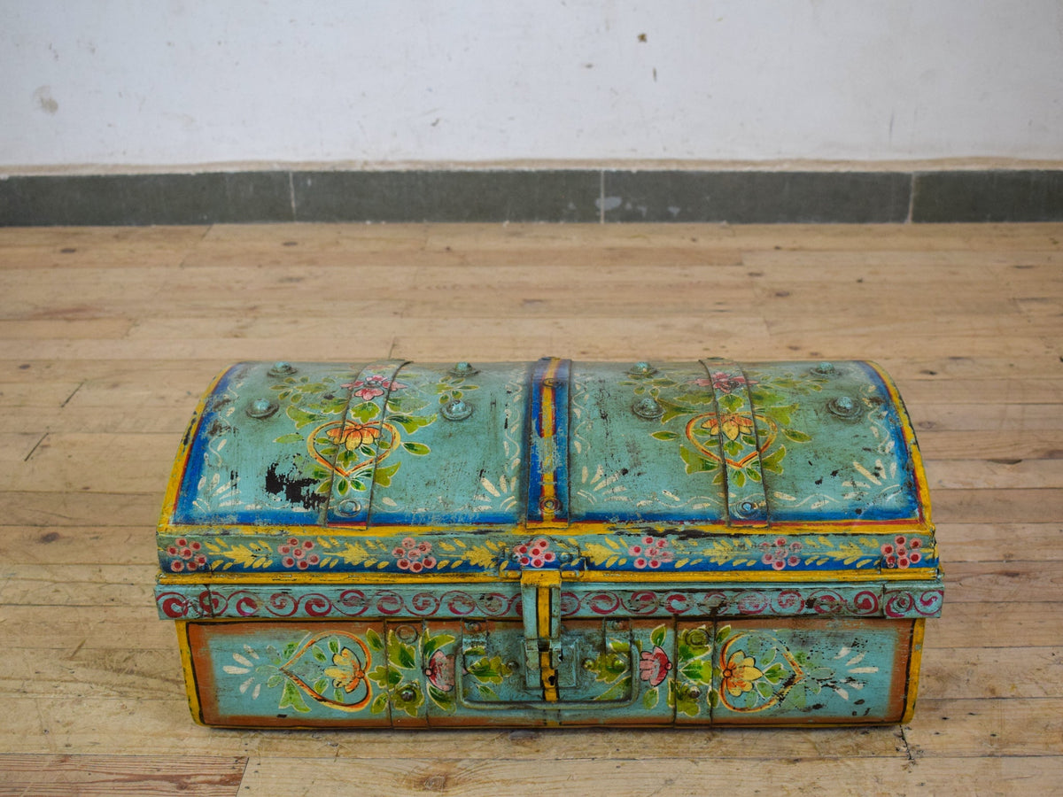Vintage Indian Hand Painted Metal Travel Trunk Chest