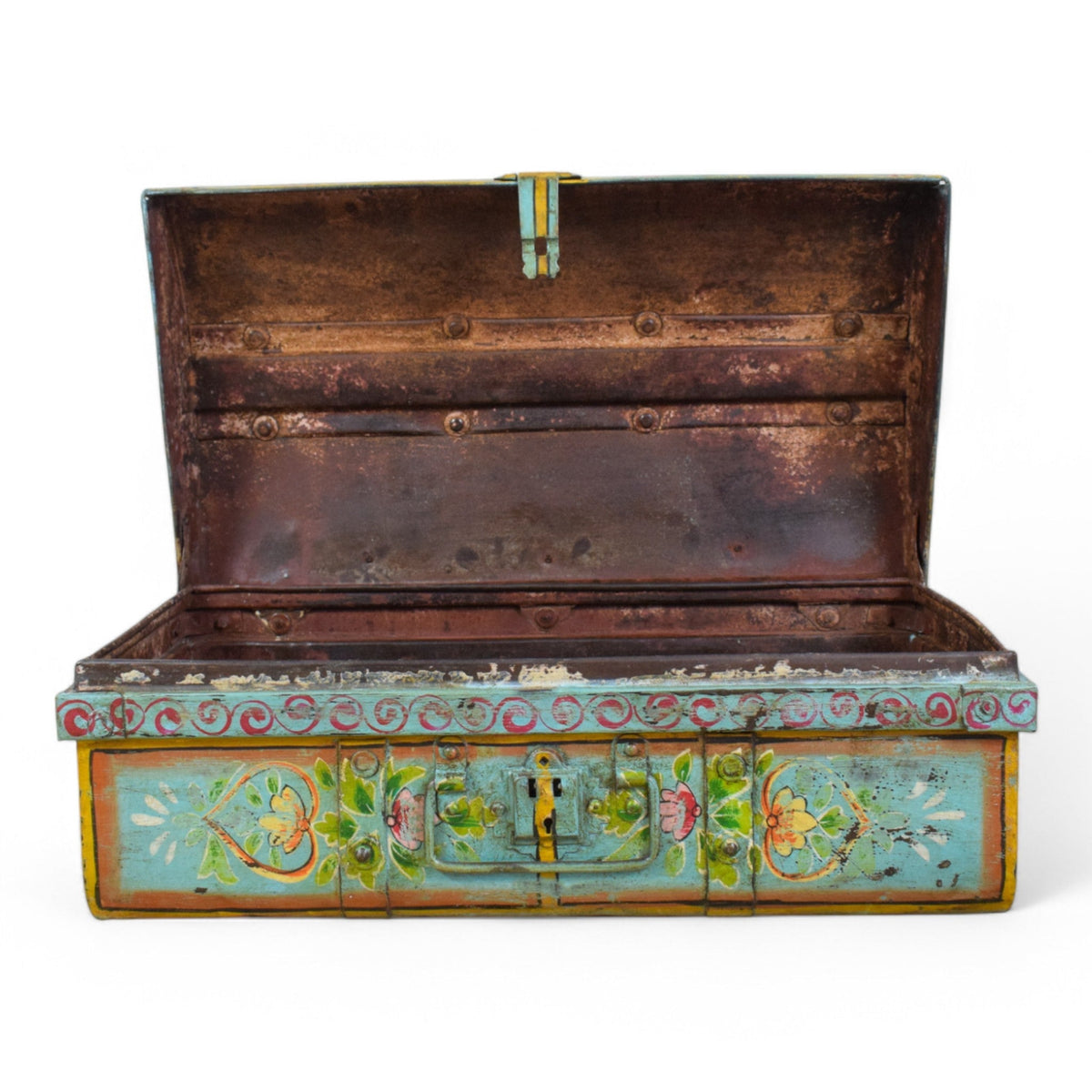 Vintage Indian Hand Painted Metal Travel Trunk Chest