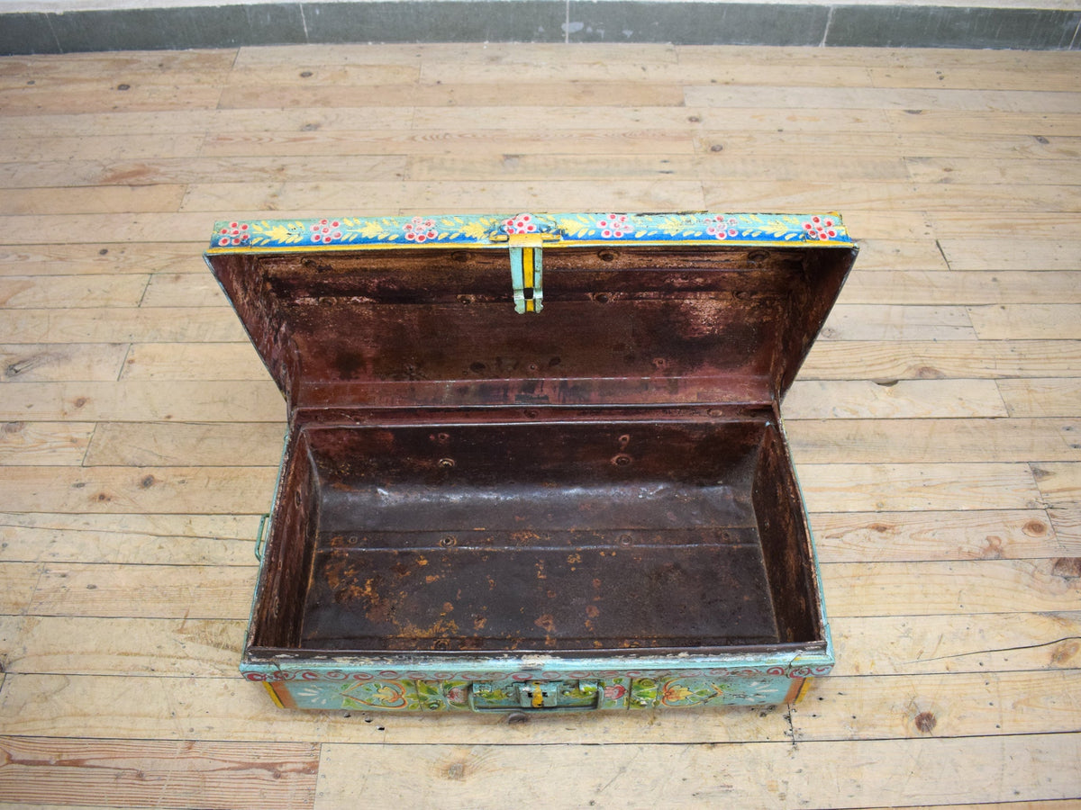 Vintage Indian Hand Painted Metal Travel Trunk Chest