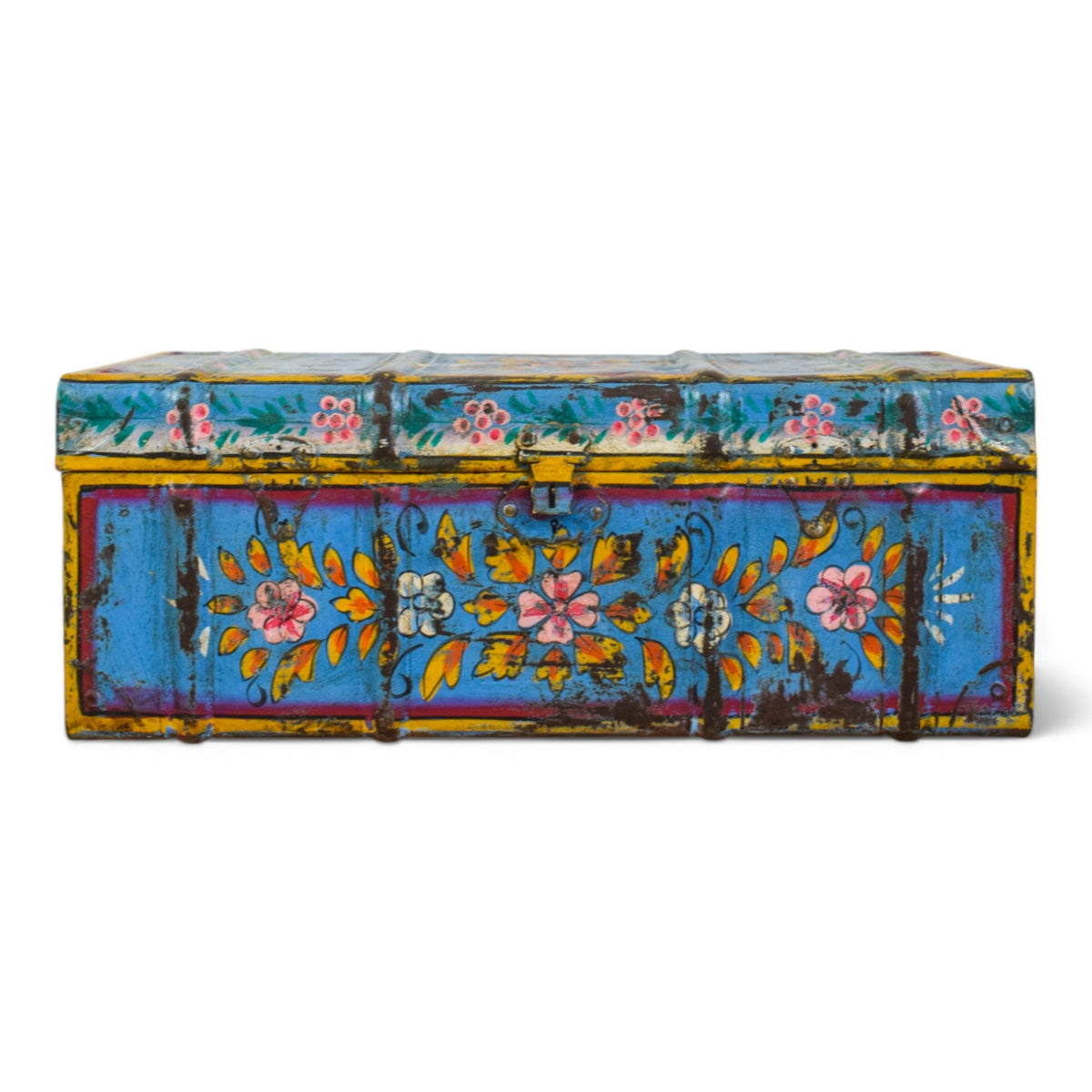 Vintage Indian Hand Painted Metal Travel Trunk Chest
