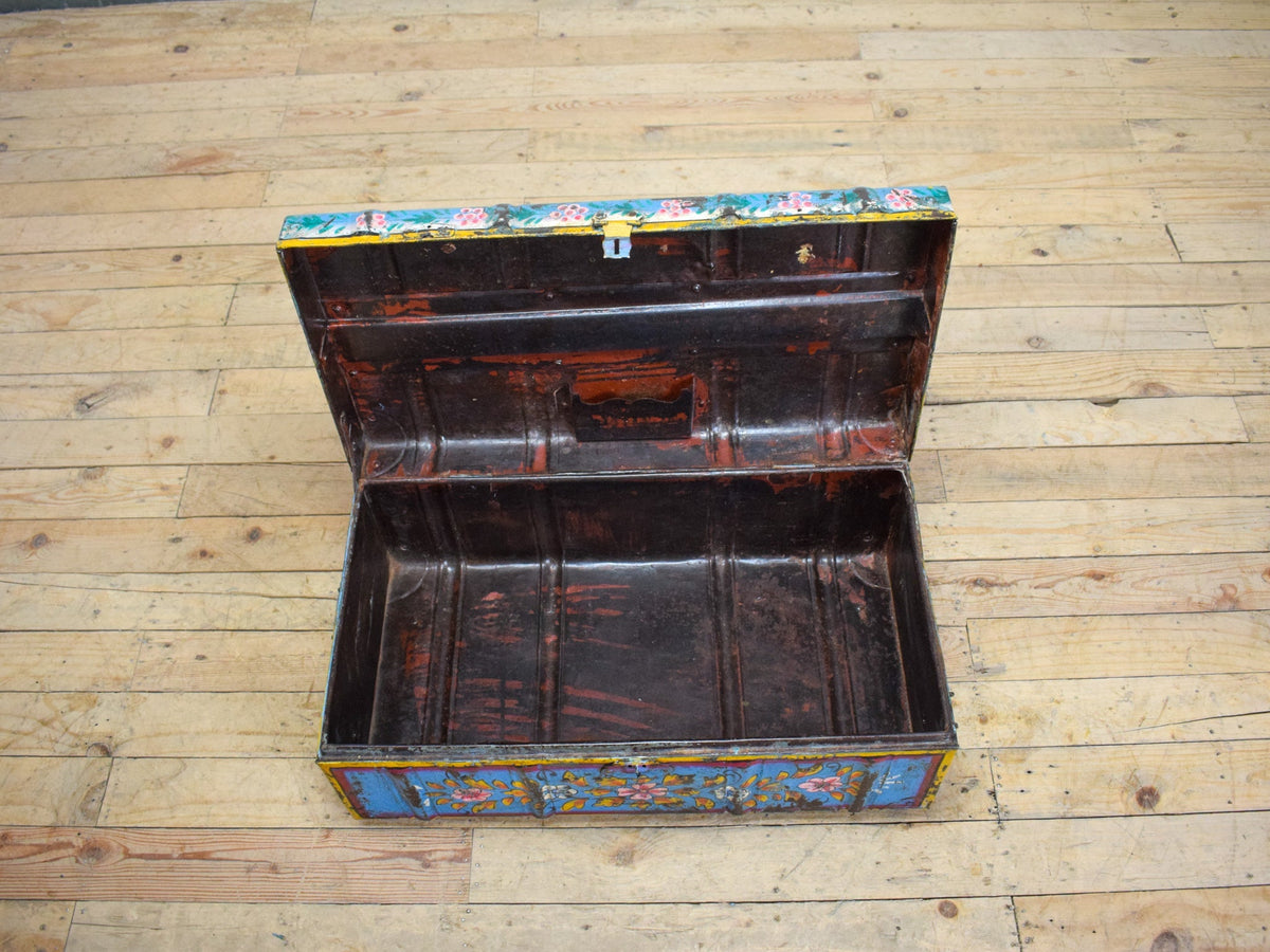 Vintage Indian Hand Painted Metal Travel Trunk Chest