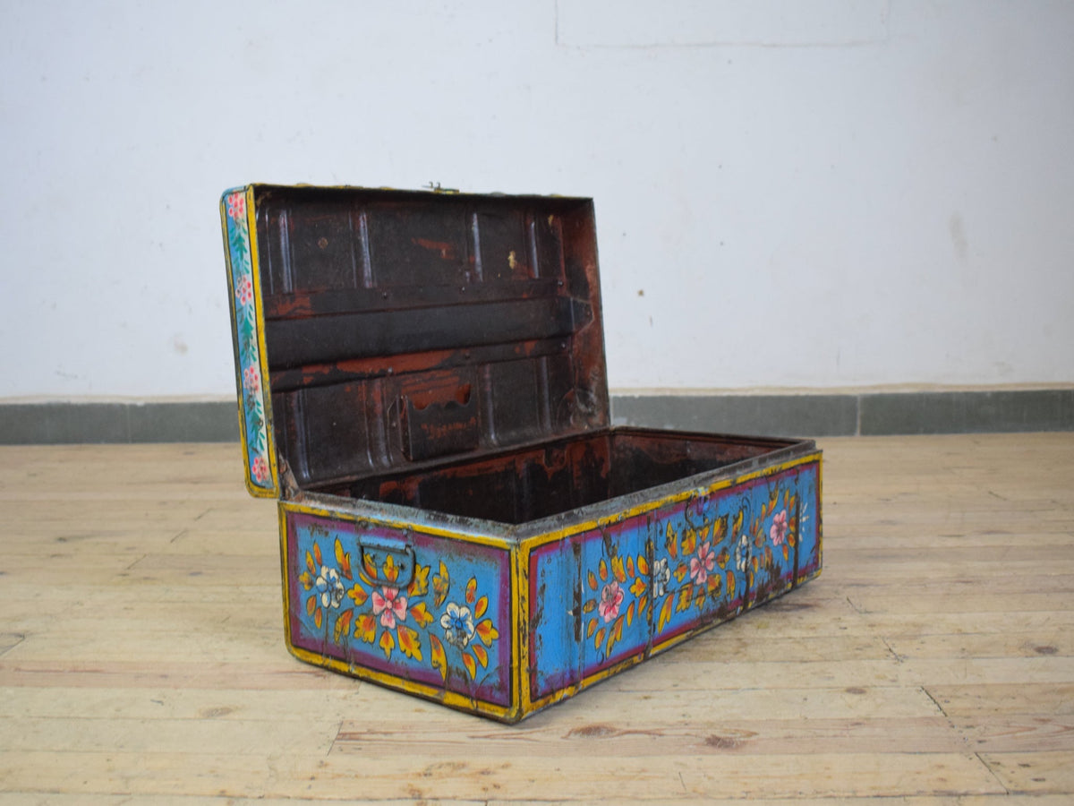 Vintage Indian Hand Painted Metal Travel Trunk Chest