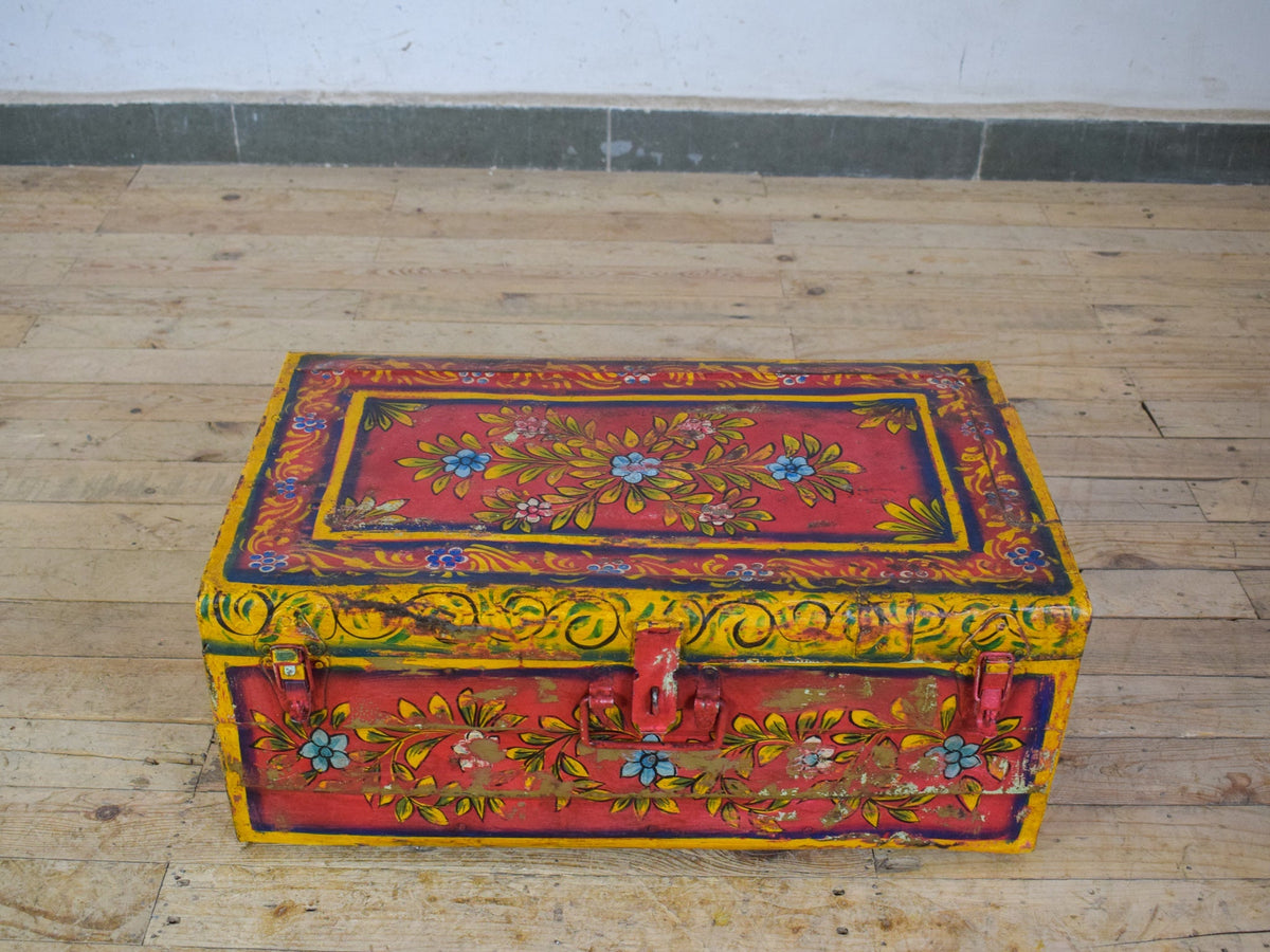 Vintage Indian Hand Painted Metal Travel Trunk Chest