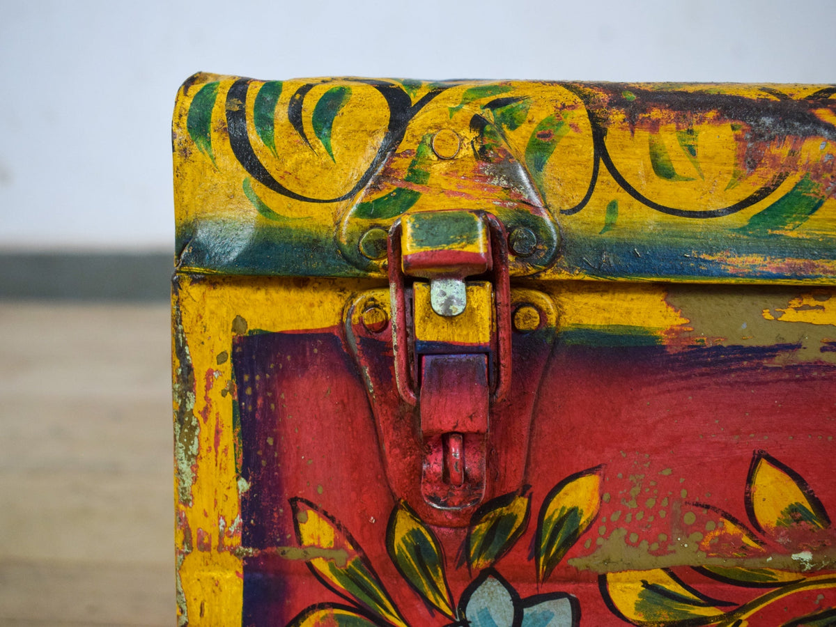 Vintage Indian Hand Painted Metal Travel Trunk Chest