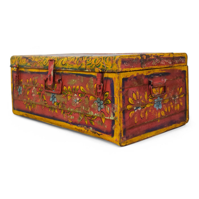 Vintage Indian Hand Painted Metal Travel Trunk Chest