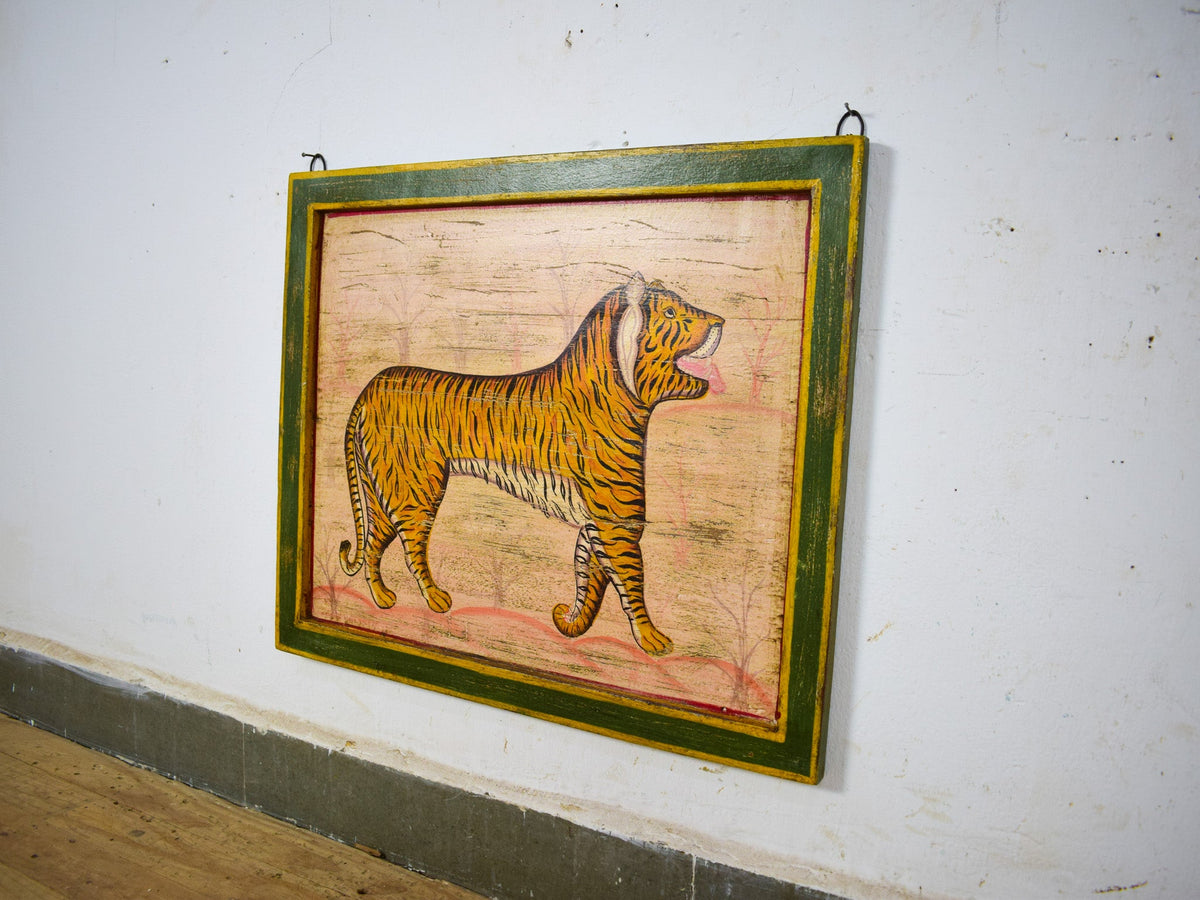Hand Painted Vintage Design Indian Tiger on Wooden Board Painting
