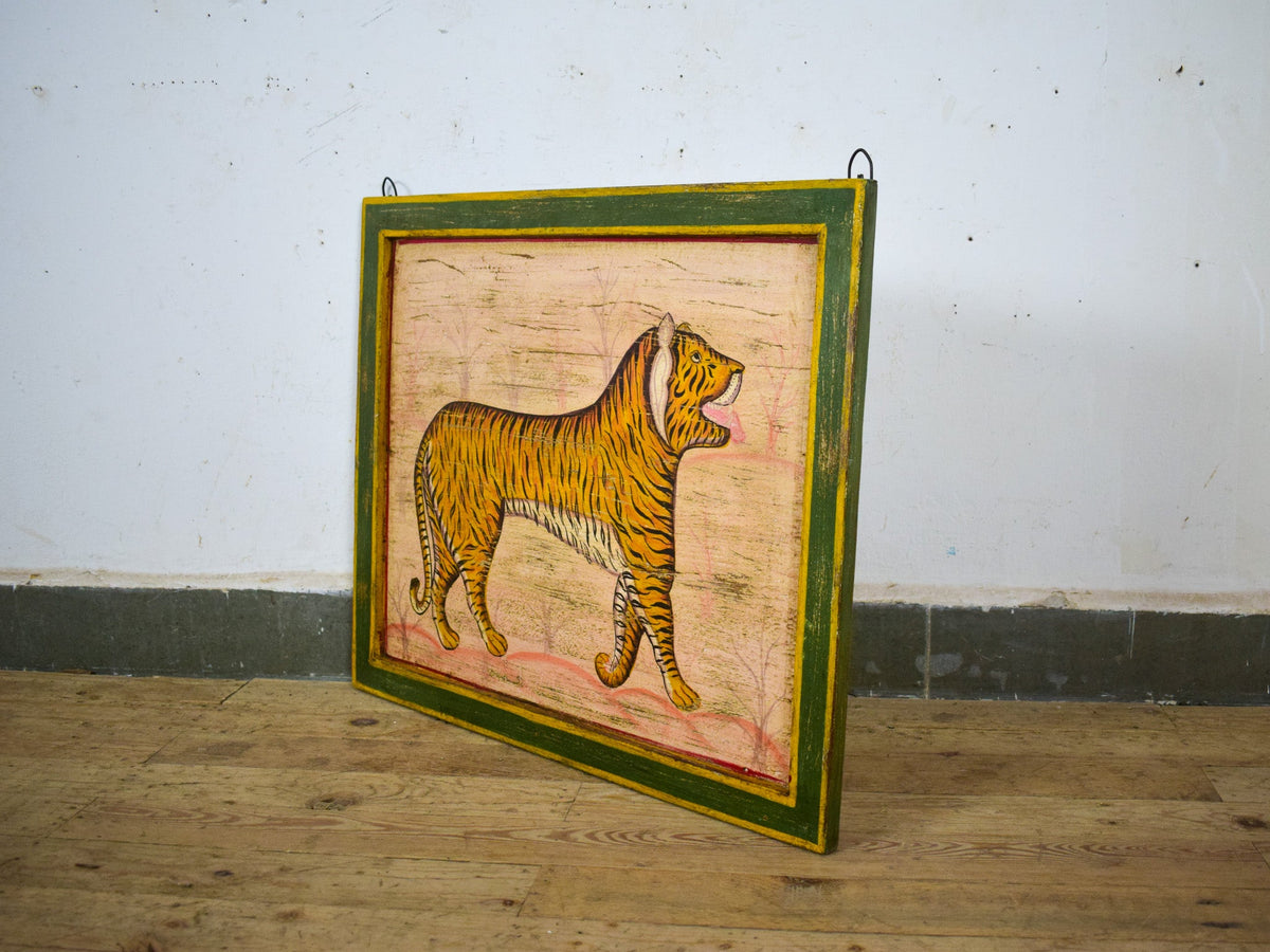 Hand Painted Vintage Design Indian Tiger on Wooden Board Painting