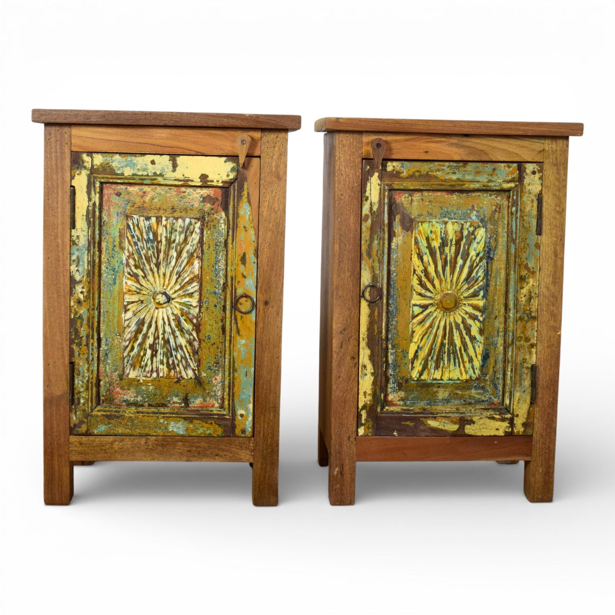 Vintage Reclaimed Carved Wood Pair of Bed Side Cabinet Cupboard