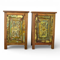 Vintage Reclaimed Carved Wood Pair of Bed Side Cabinet Cupboard