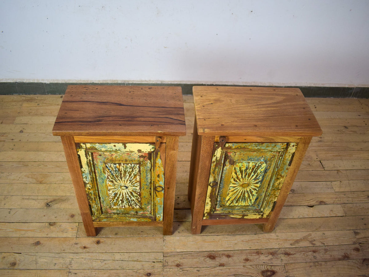 Vintage Reclaimed Carved Wood Pair of Bed Side Cabinet Cupboard