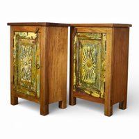 Vintage Reclaimed Carved Wood Pair of Bed Side Cabinet Cupboard
