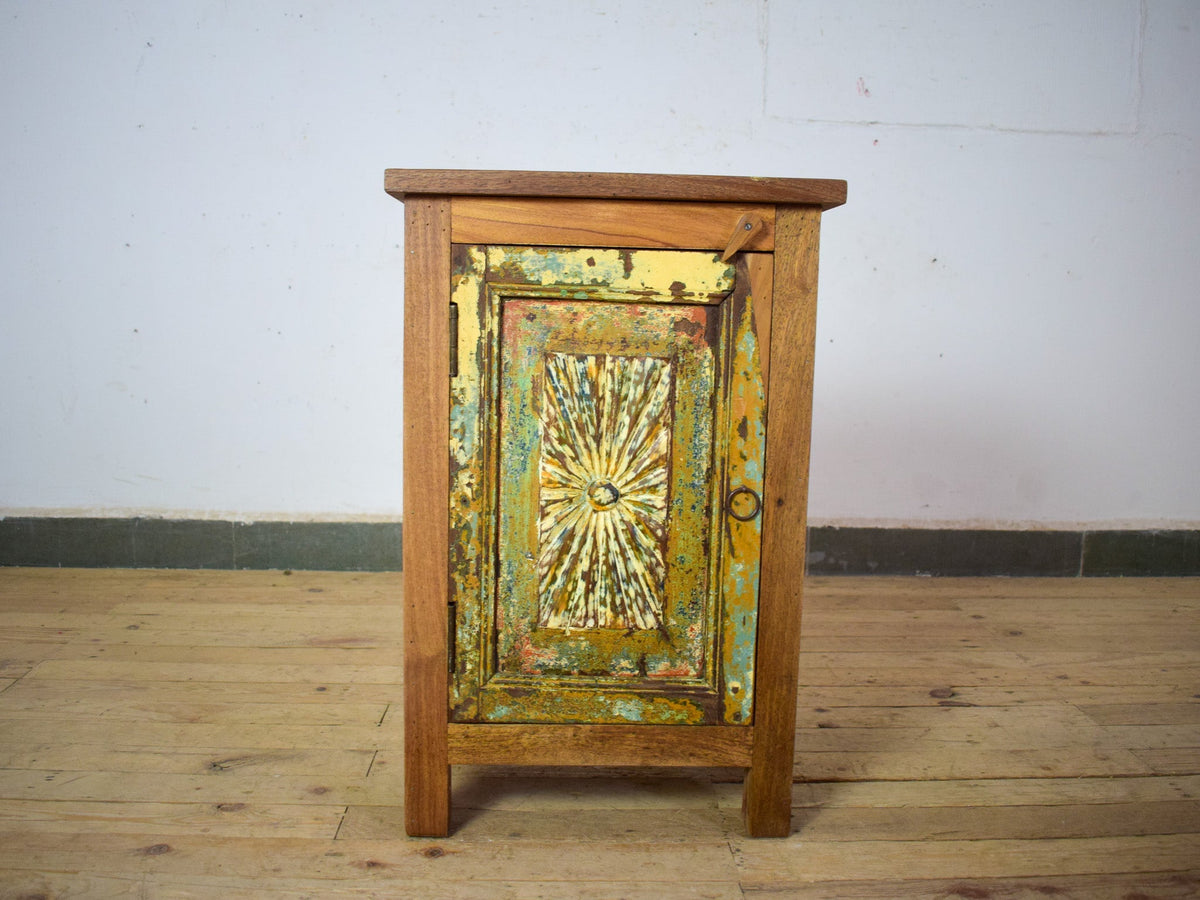 Vintage Reclaimed Carved Wood Pair of Bed Side Cabinet Cupboard