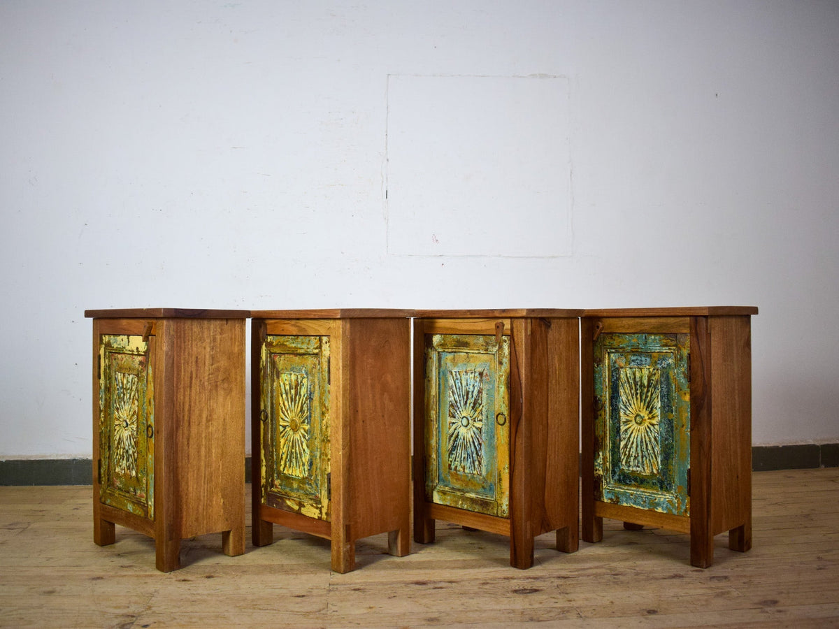 Vintage Reclaimed Carved Wood Pair of Bed Side Cabinet Cupboard