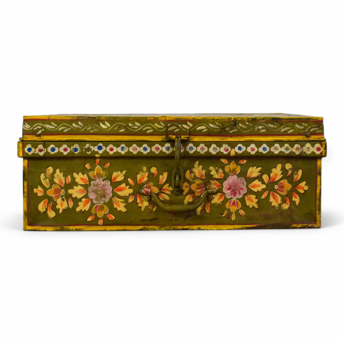 Vintage Indian Hand Painted Metal Travel Trunk Chest