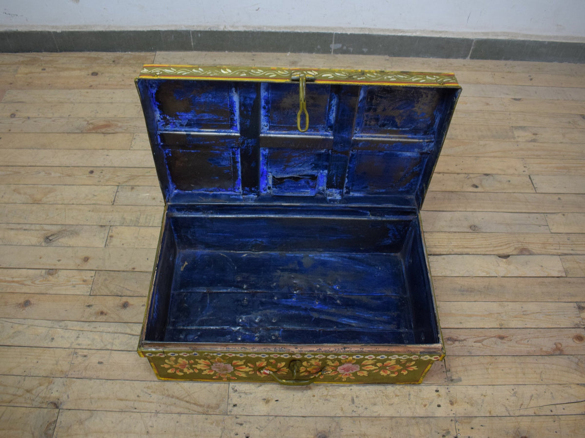 Vintage Indian Hand Painted Metal Travel Trunk Chest