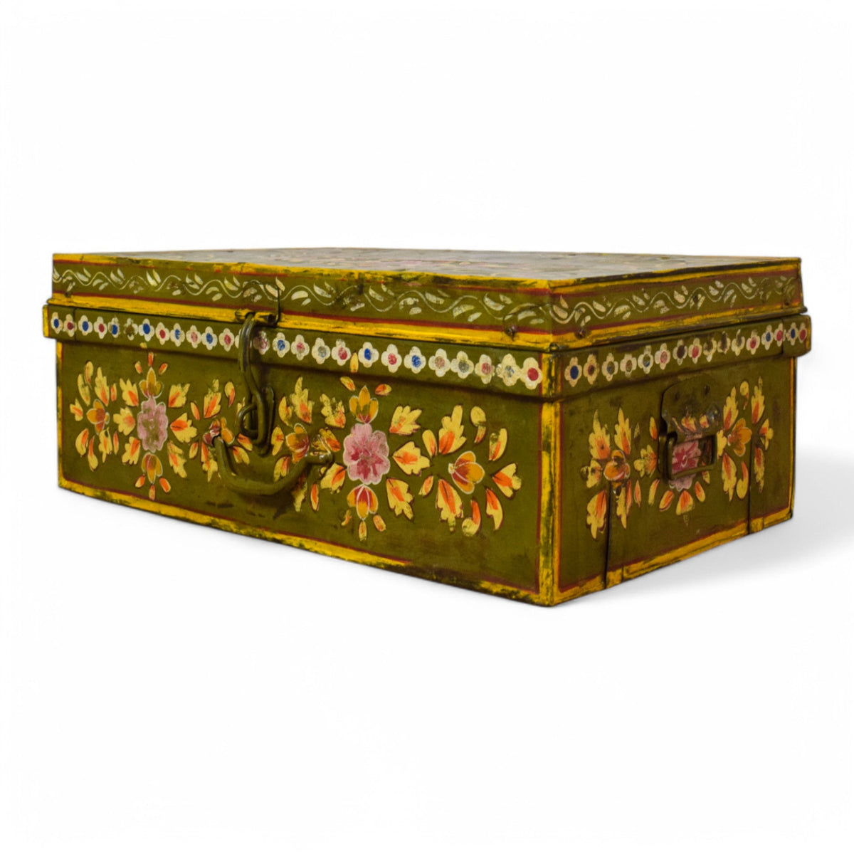 Vintage Indian Hand Painted Metal Travel Trunk Chest