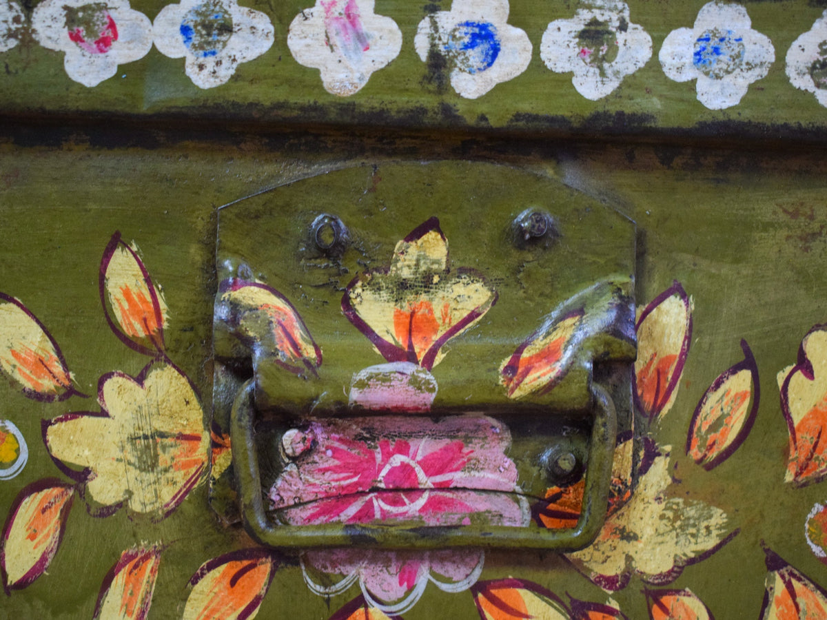Vintage Indian Hand Painted Metal Travel Trunk Chest