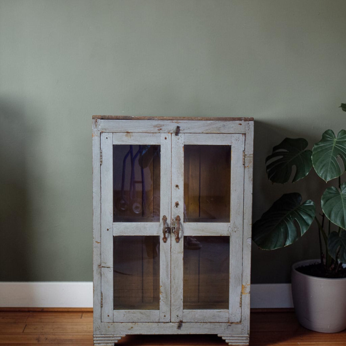 Vintage Worn Painted Rustic Cupboard Cabinet