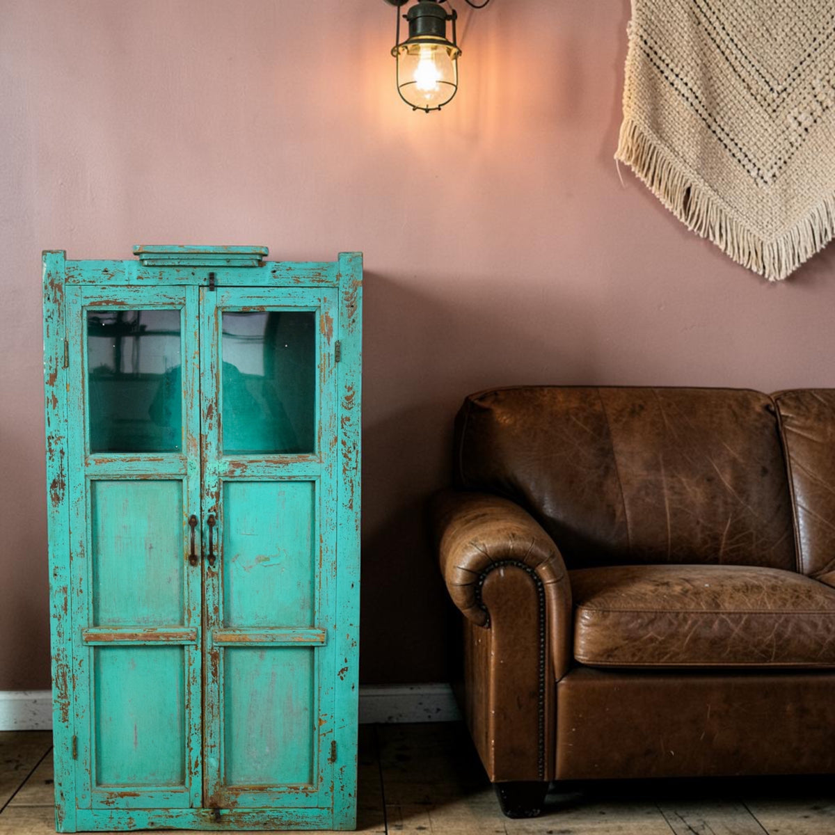 Vintage Worn Painted Rustic Cupboard Cabinet