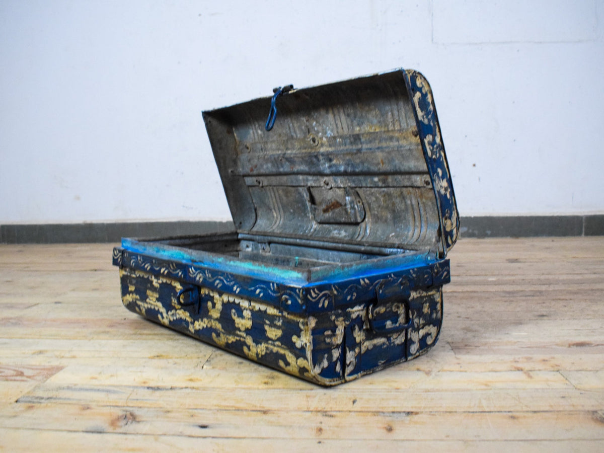 Vintage Indian Hand Painted Metal Travel Trunk Chest