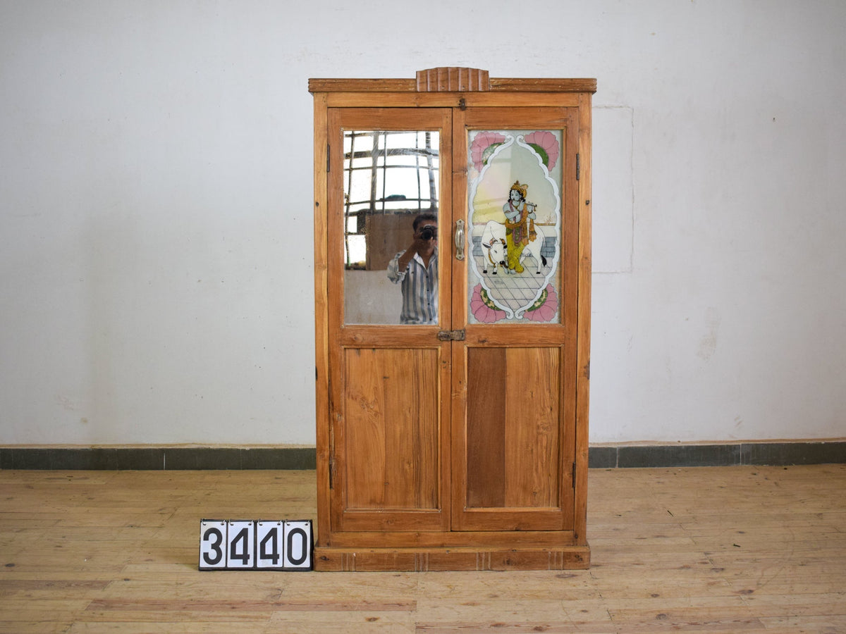 Vintage Indian Wooden Cupboard Cabinet with Reverse Glass Painting and Mirror.