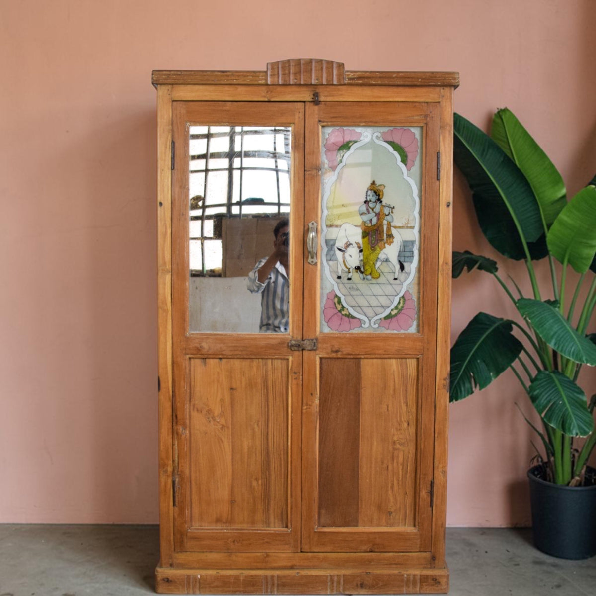 Vintage Indian Wooden Cupboard Cabinet with Reverse Glass Painting and Mirror.